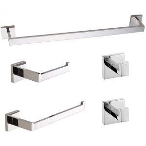 White Shelf With Towel Rack Accessory Set Wall Mounted Brushed Silver (7)