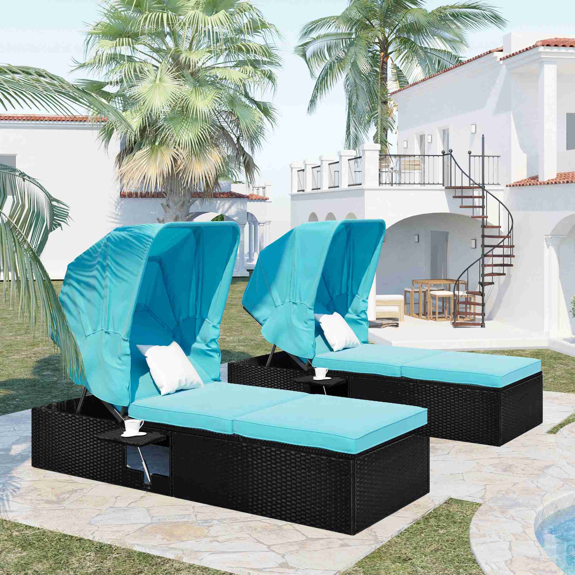 Canopy Chaise Lounge With Cushions And Cup Table Rattan Canopy Couch Uv Proof (2)