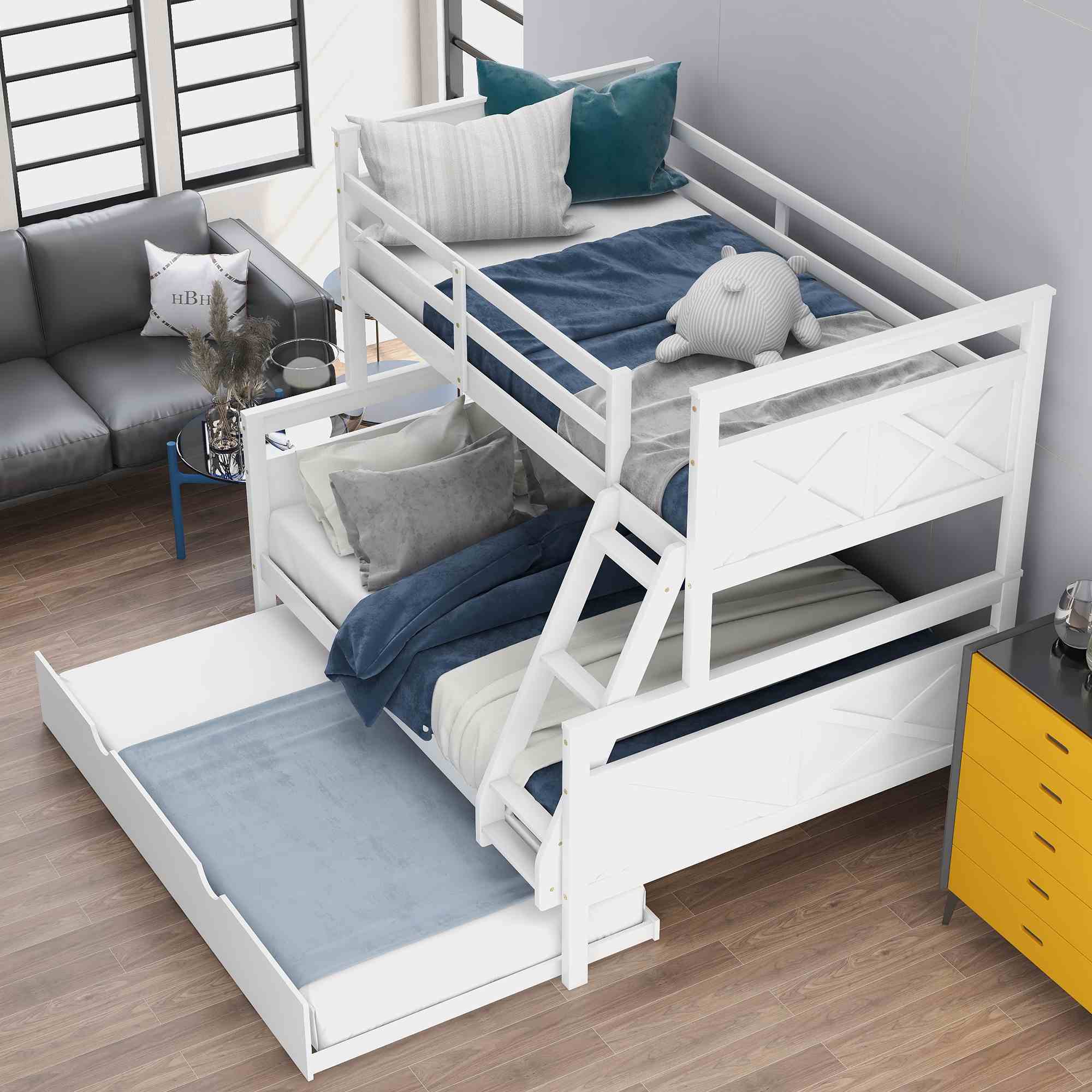 Full Bunk Bed Frame Pine Wood Bed Frame And Ladder With Guard Rails For Teens And Kids (4)