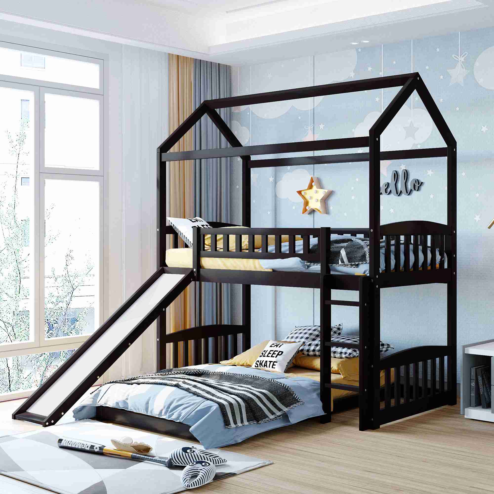 House Bunk Bed With Slide Twin Over Twin Bunk Bed With Slide And Stair (7)