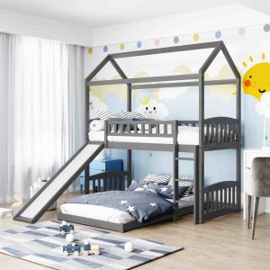 House Shaped House Bunk Bed With Slide Twin Over Full Bunk Bed Gray (6)
