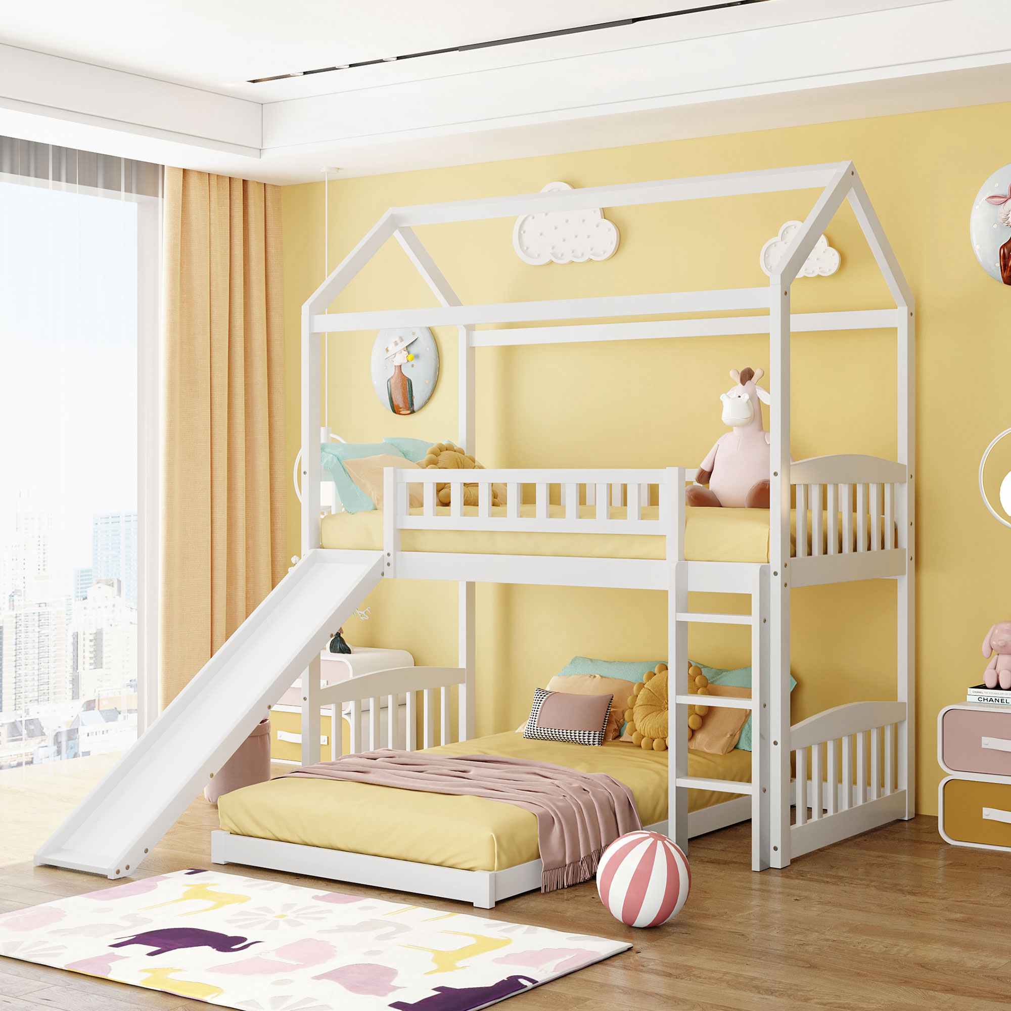House Shaped House Bunk Bed With Slide Twin Over Full Bunk Bed Gray (9)