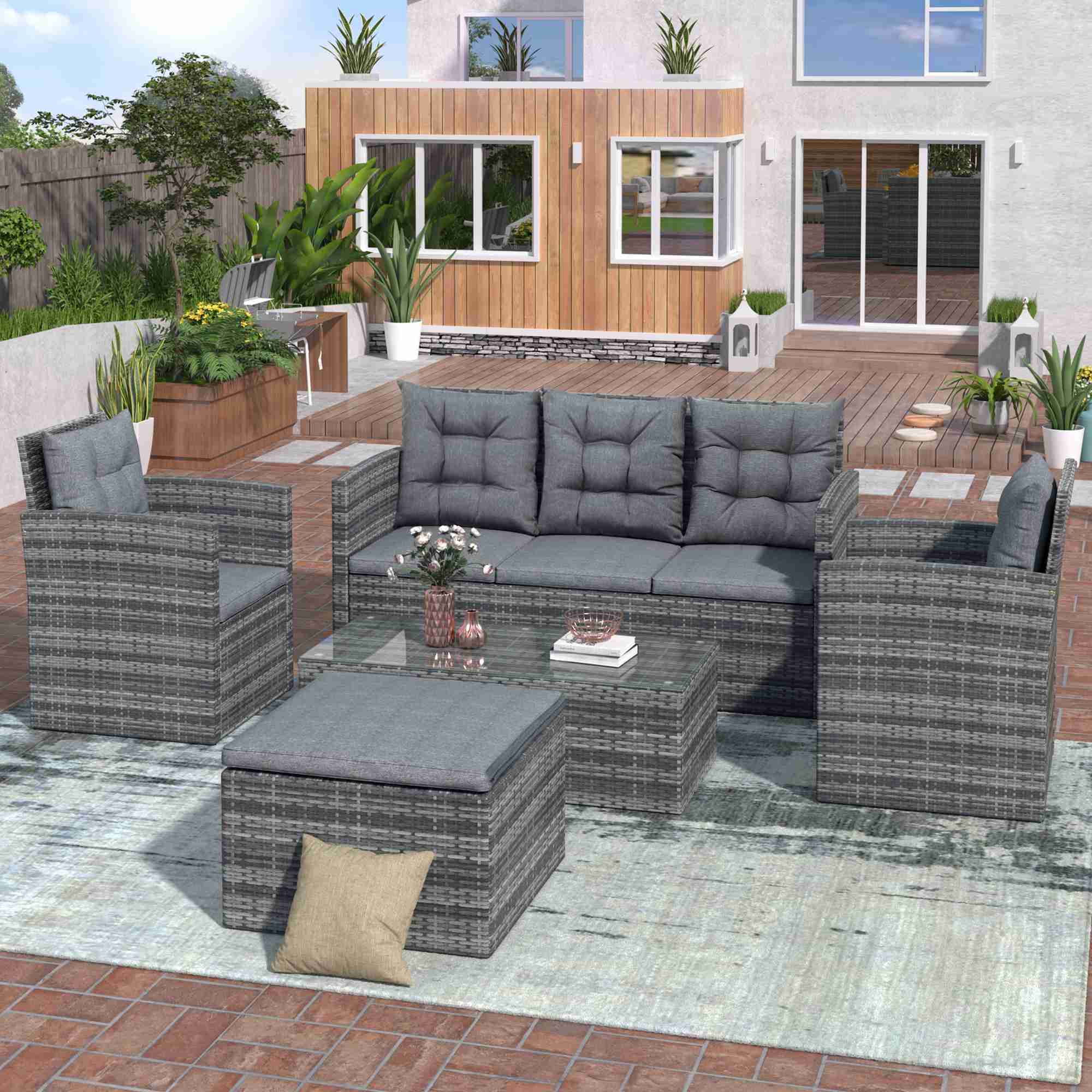 Patio Sofa Set With Storage Bench Rattan Sofa Set 5pcs Outdoor Furniture Set With Glass Table (4)