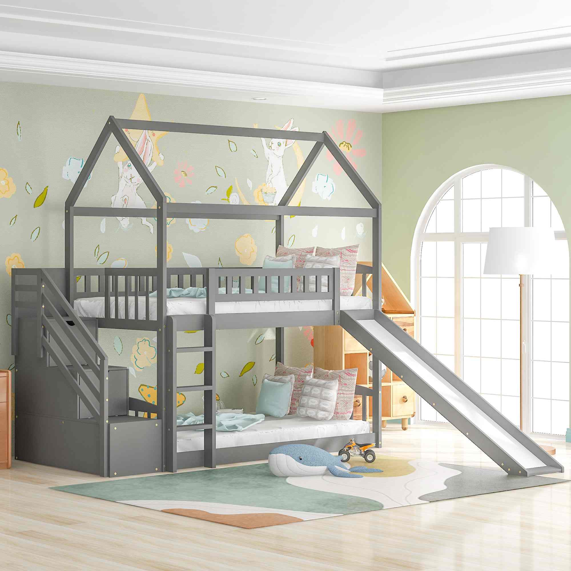 Twin Over Twin Bunk Bed With Two Drawers House Bunk Bed Twin Over Slide And Stair (1)