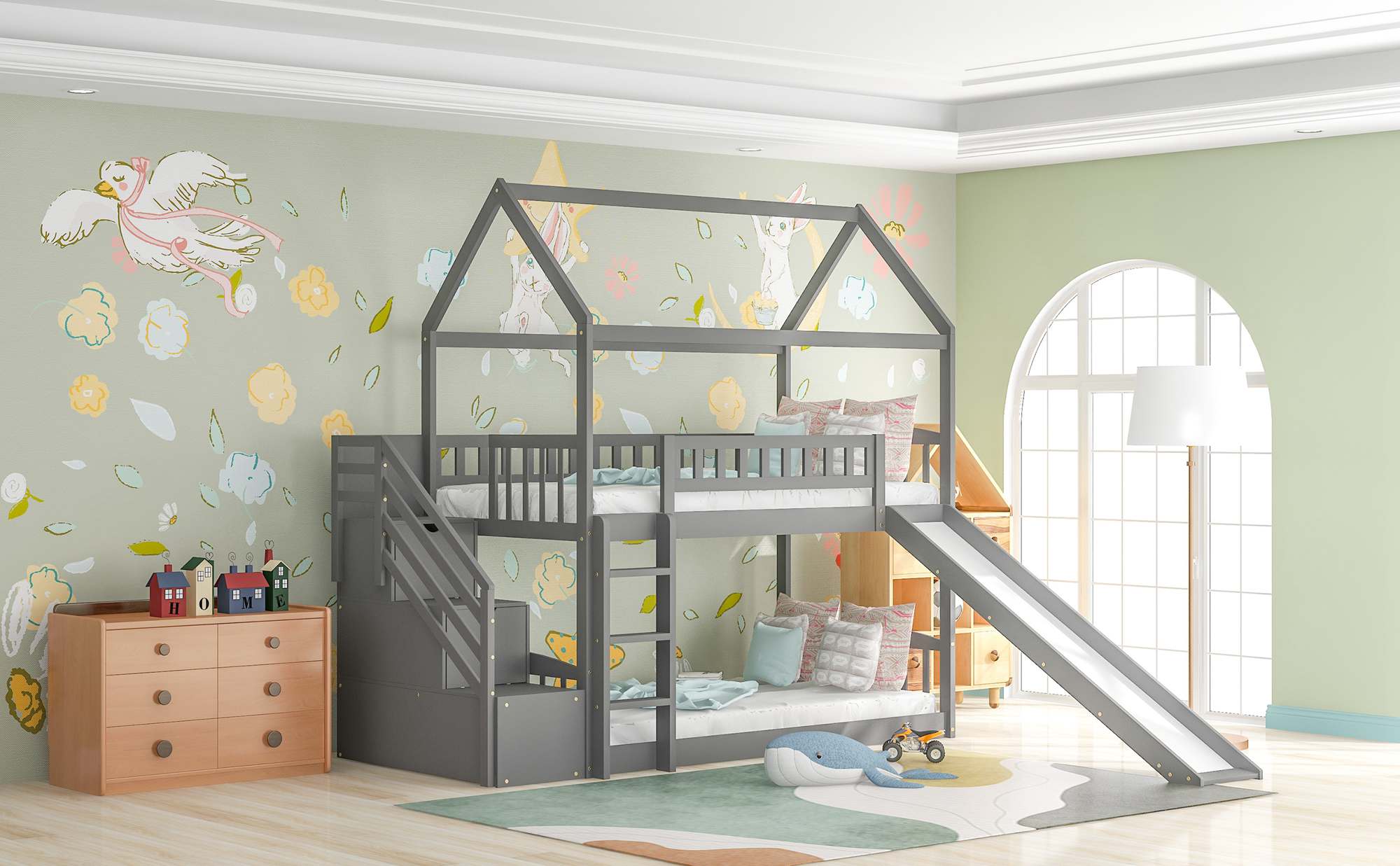 Twin Over Twin Bunk Bed With Two Drawers House Bunk Bed Twin Over Slide And Stair (3)
