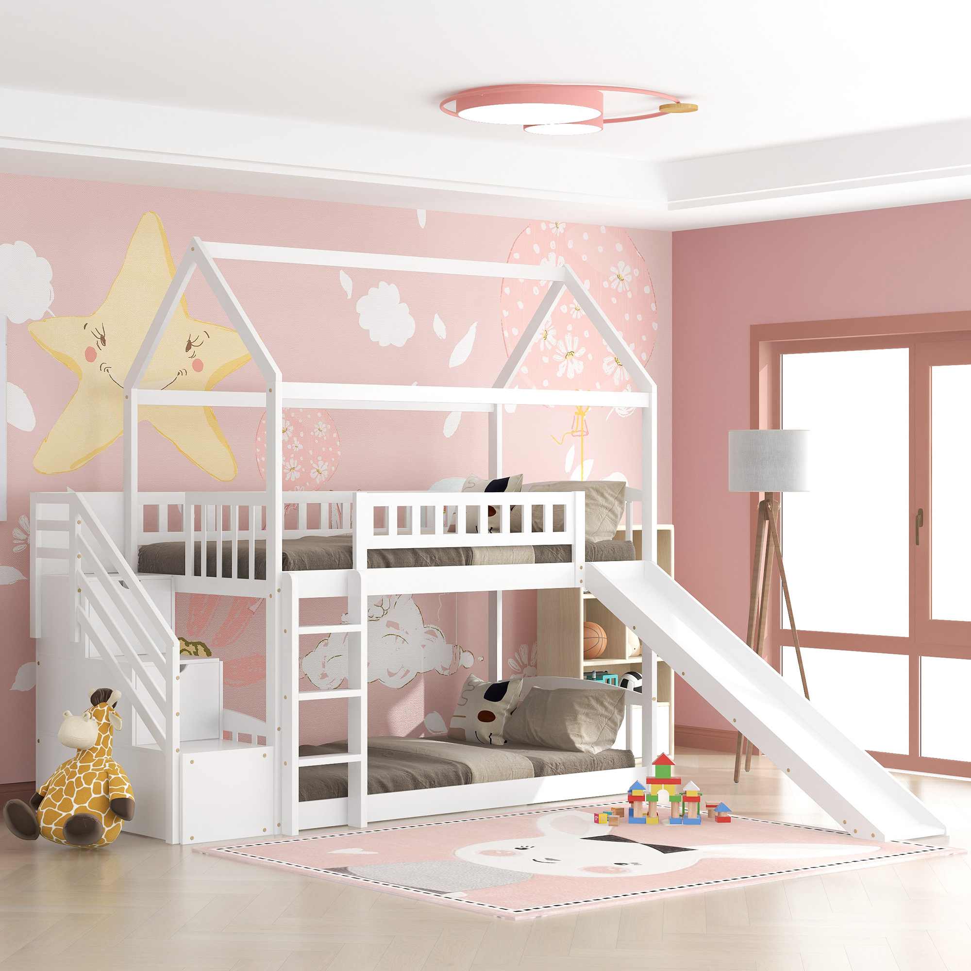 Twin Over Twin Bunk Bed With Two Drawers House Bunk Bed Twin Over Slide And Stair (4)
