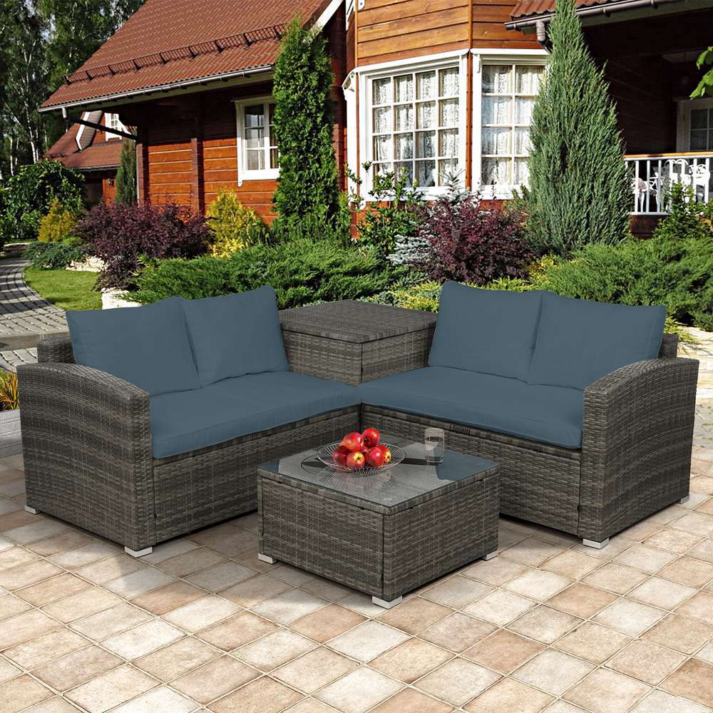 4 Piece Wicker Rattan Outdoor Furniture Set With Gray Cushion (4)