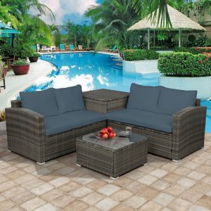 4 Piece Wicker Rattan Outdoor Furniture Set With Gray Cushion (6)
