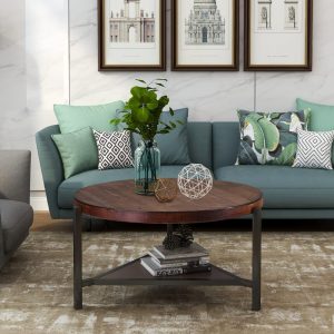 Coffee Table Round Industrial Design Metal Legs With Storage Open Shelf (12)