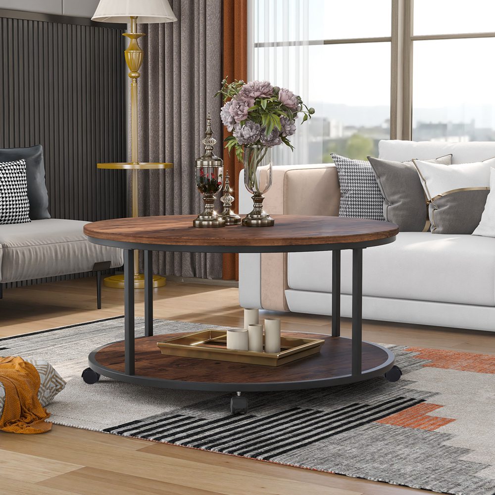 Coffee Table Round Tray With Caster Wheels For Living Room (7)