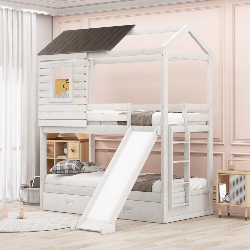 House Shaped Bed Frame Wood Bunk Bed With Storage For Kids (14)
