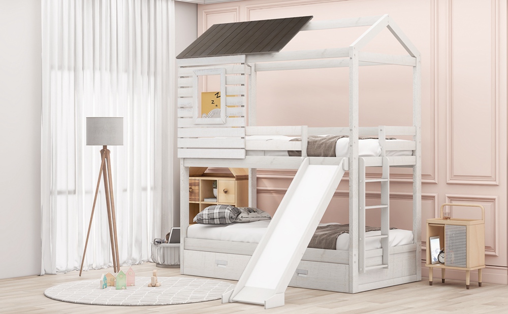 House Shaped Bed Frame Wood Bunk Bed With Storage For Kids (18)