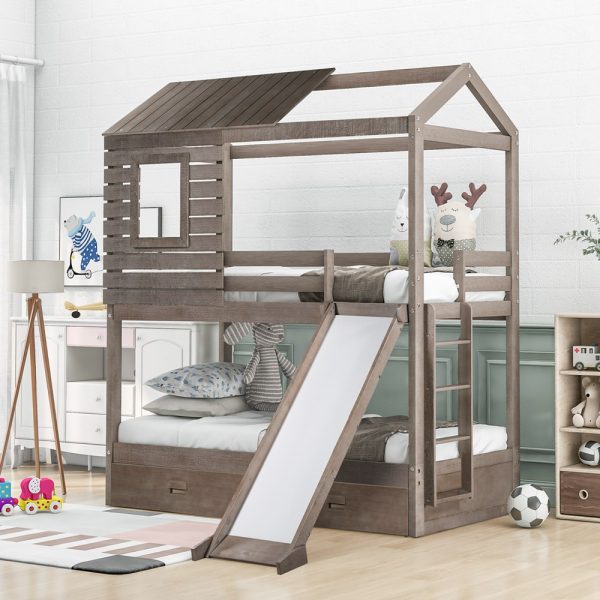 House Shaped Bed Twin Over Twin Bed With Two Storage Drawers And Slide (11)