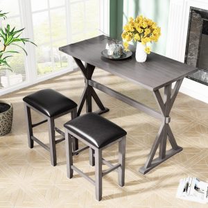 Kitchen Table Sets With 2 Stools Gray Finish For Small Places (3)