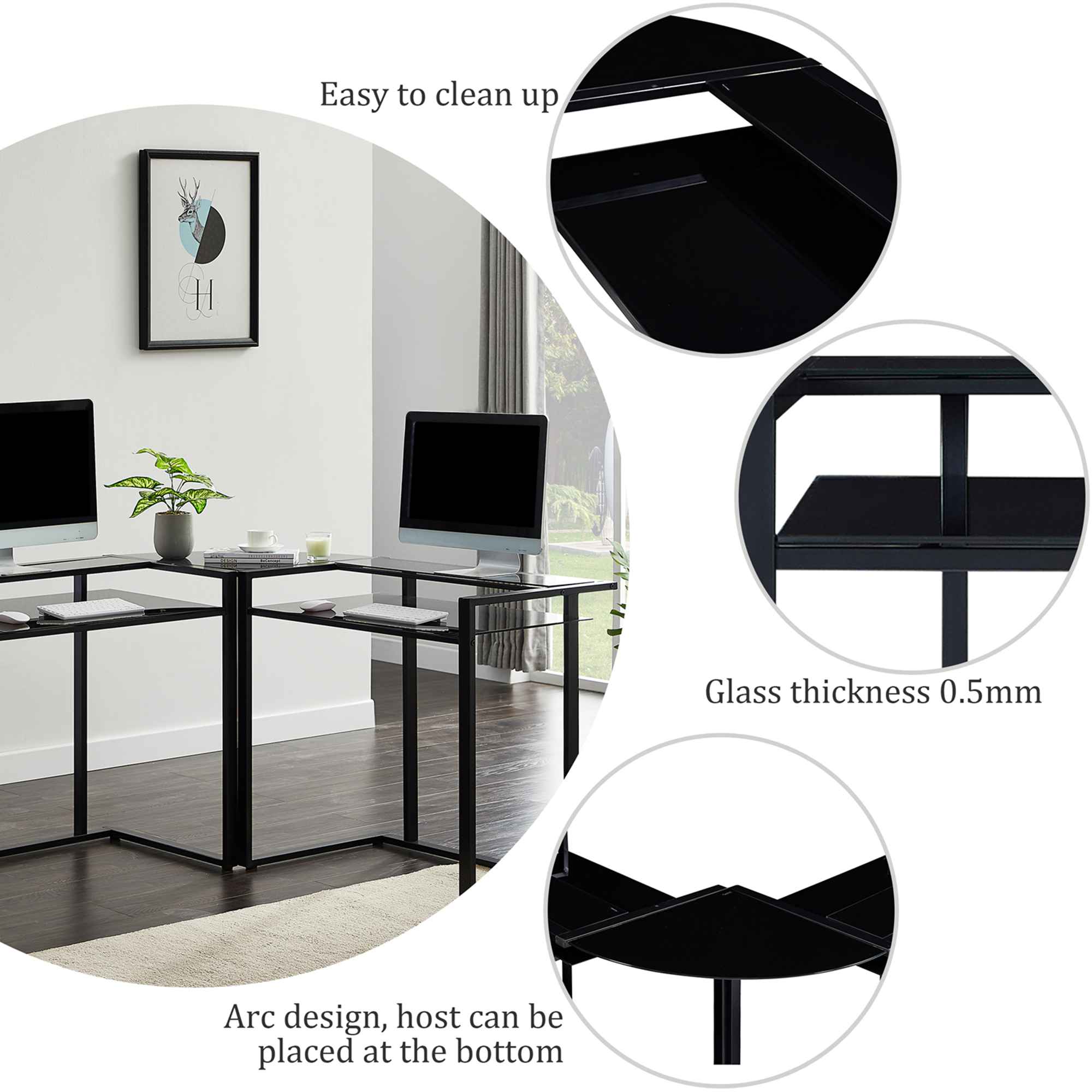 L Shaped Glass Desk 56’’ Home Office Computer Desk With Shelf Black (15)