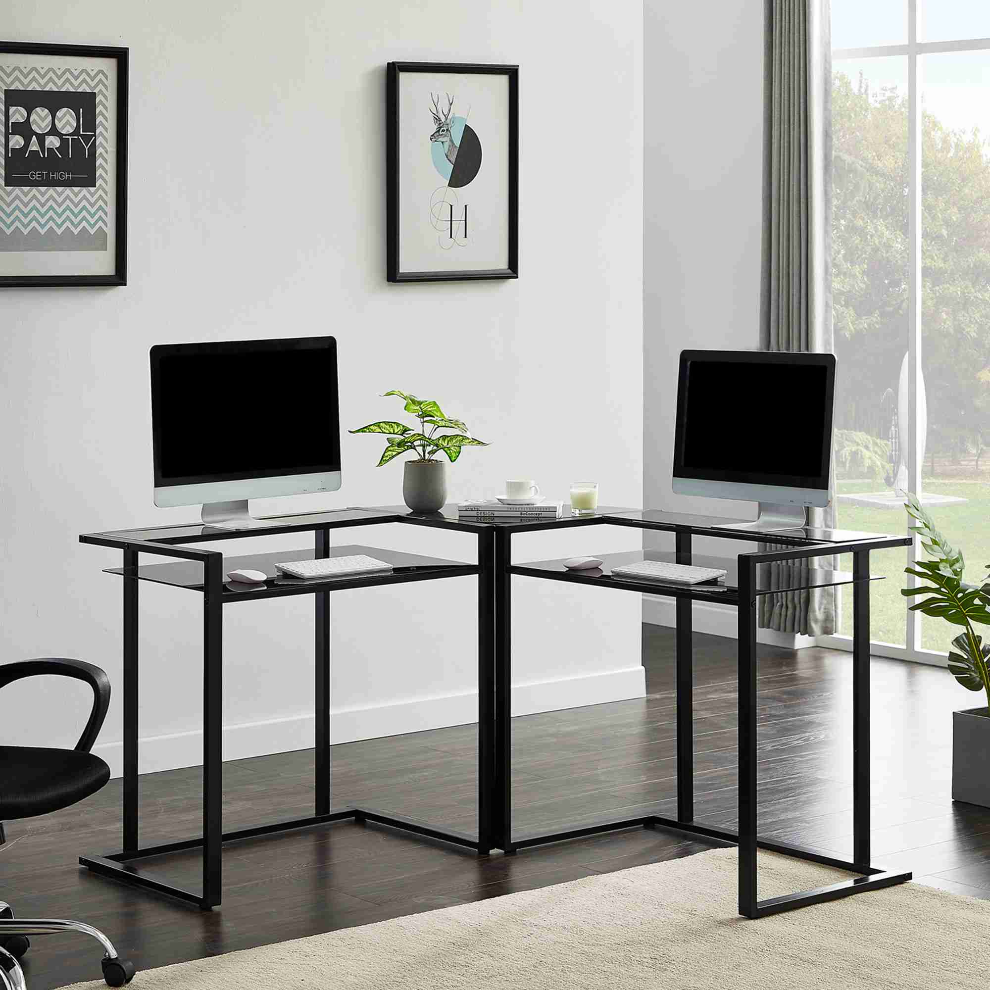 L Shaped Glass Desk 56’’ Home Office Computer Desk With Shelf Black (3)