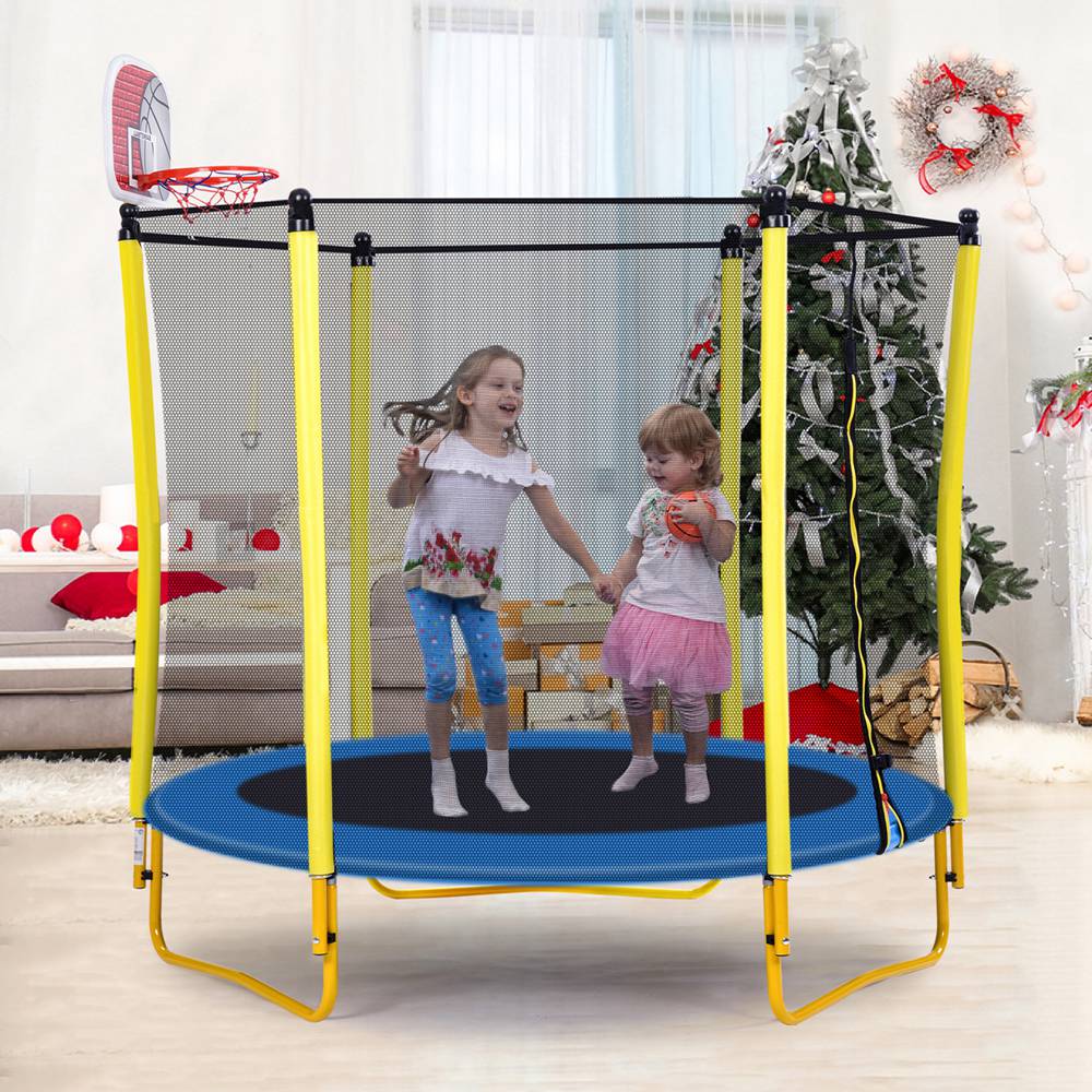 Outdoor Trampoline With Enclosure Basketball Hoop And Ball (17)