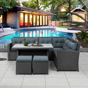 Rattan Furniture Set Outdoor With Glass Table For Pool (11)