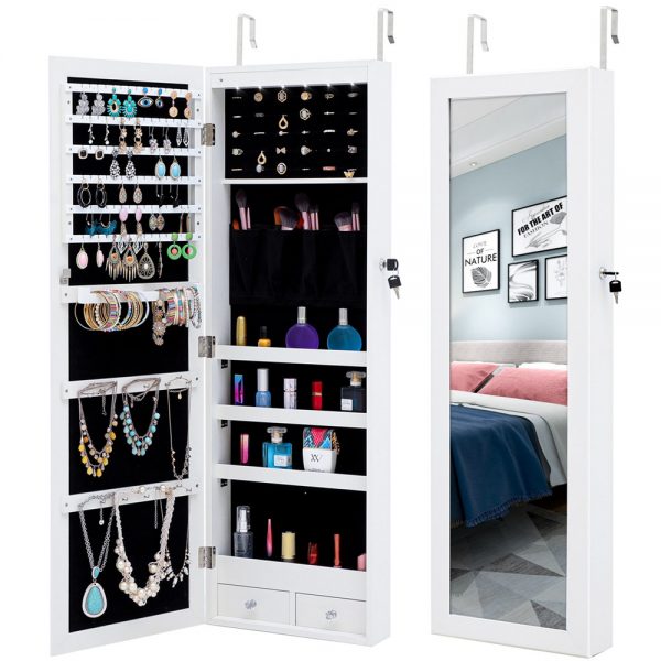 Rectangular Wood Mirrored Jewelry Cabinet Armoire Storage Organizer (1)
