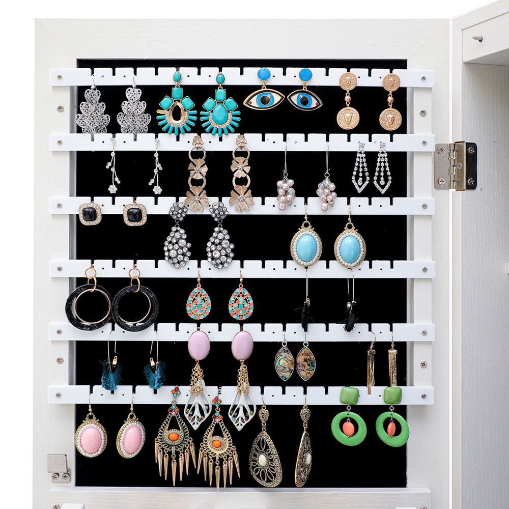Rectangular Wood Mirrored Jewelry Cabinet Armoire Storage Organizer (5)