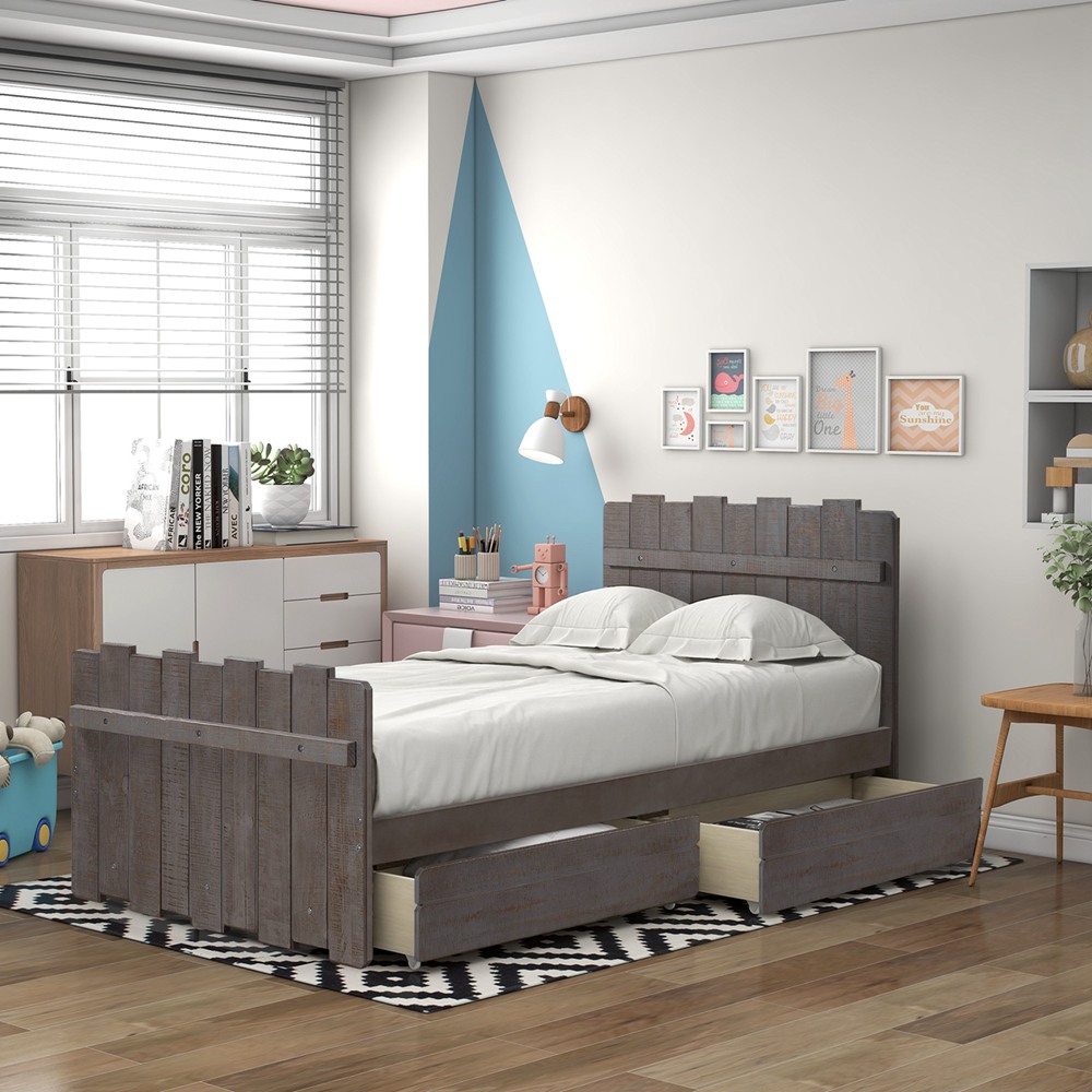 Twin Size Platform Bed With Drawers Fence Shaped Headboard And Footboard (13)