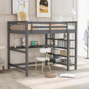 Wood Loft Bed Full Size With Storage Shelves And Computer Desk (4)