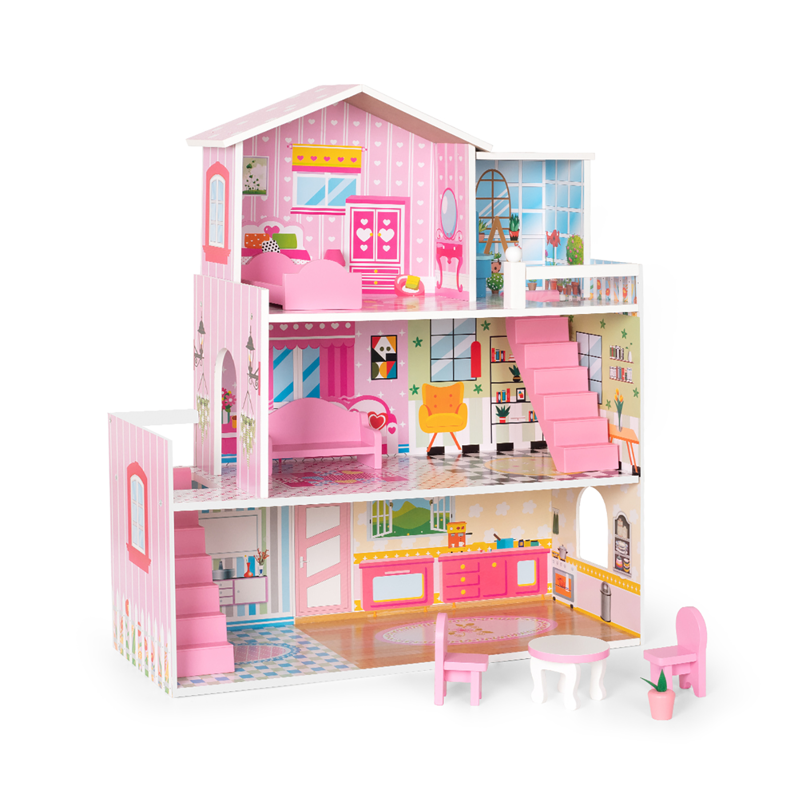 Wooden Dollhouse With Furniture Doll House Playset For Kids (3)