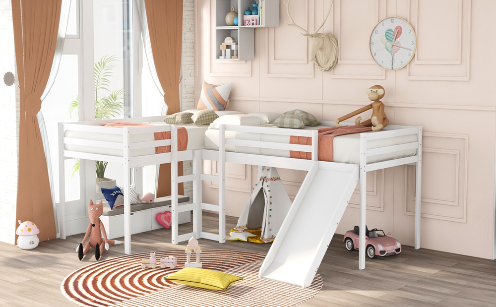 L Shaped Loft Bed Twin Size With Ladders And Slide 200lbs Capacity (5)